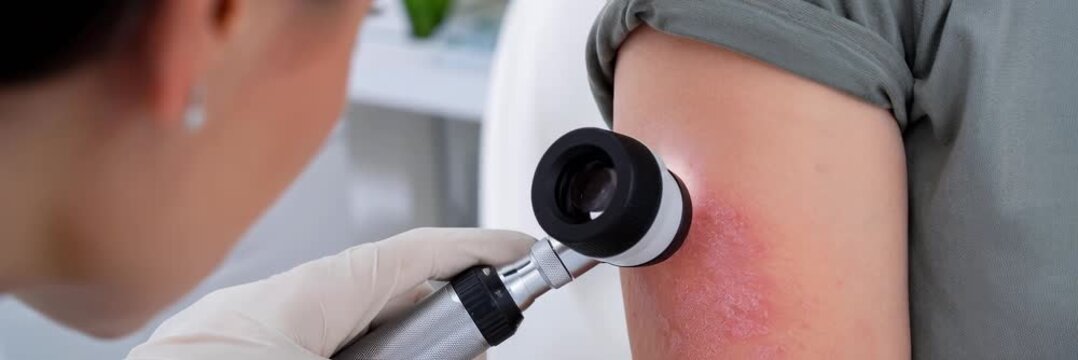 Dermatologist examining red rash on patient arm with dermatoscope, skin allergy, diagnosis, healthcare, treatment