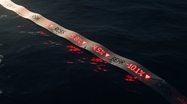 Stock market ticker tape floating on dark ocean water showing negative red percentages conceptualizing economic crash business bankruptcy and financial crisis bear market