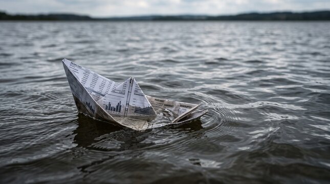 Paper boat made of financial newspaper reports sinking in water conceptualizing business bankruptcy economic failure company collapse and market crisis ruin