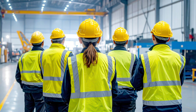 Industriearbeiter bei Sicherheitsunterweisung in Fabrikhalle