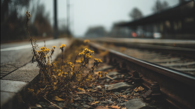 weedy. Rusty end tracks of an old railway station disappearing into weeds. mobility guides, transit brochures, designed for mobility and urban transit guides, used by project managers.