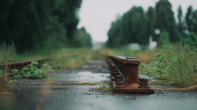 weedy. Rusty end tracks of an old railway station disappearing into weeds. mobility guides, transit brochures, designed for mobility and urban transit guides, used by project managers.