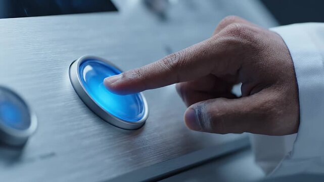 Finger Pressing Green Button on Modern Console - A close-up shot shows a person's finger pressing a glowing green button on a brushed metal console.