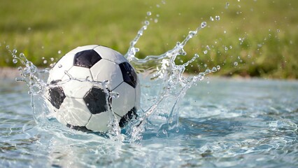 Naklejka premium Soccer ball splashing in clear blue water on sunny day outdoors