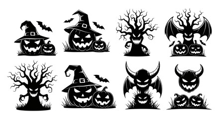 Obraz premium Black and white Halloween icons set with jack-o-lanterns and bats.