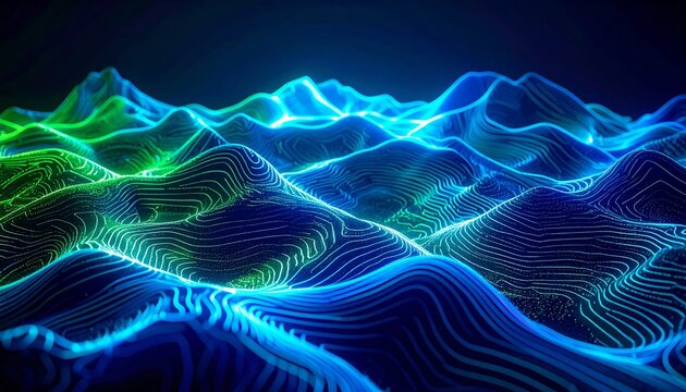 Futuristic Digital Wave Pattern on Dark Background with Neon Glowing Lines