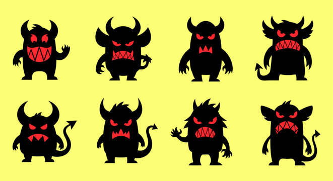Black Cartoon Devils with Red Features on Yellow Background.