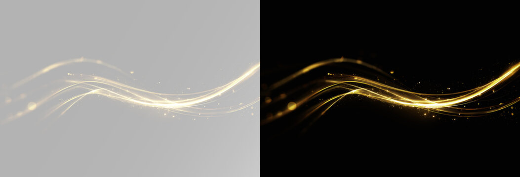 Gold ribbon light overlay transparent glowing gold wave sparkle line abstract design element