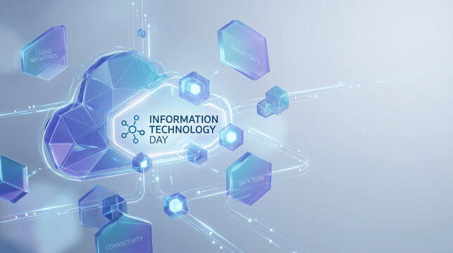 Abstract cloud computing visualization with floating geometric forms and connected data pathways, clean futuristic style, Information Technology Day theme