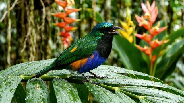 Colorful Tanager Bird Perched on Wet Palm Leaf in Tropical Setting - A vibrant green-headed tanager bird with blue and orange plumage sits on a wet palm leaf.