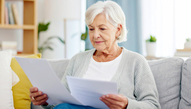 Seniorin liest Unterlagen auf den Sofa 