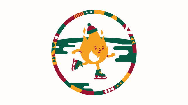 Cute anthropomorphic fire flame character ice skating.