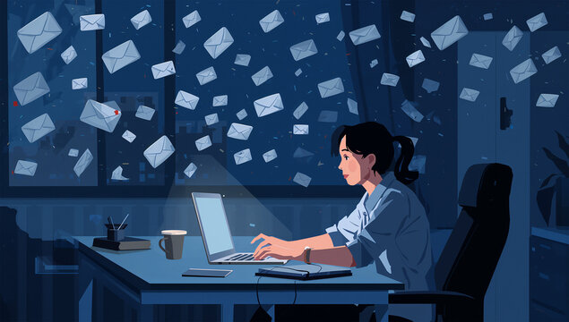 夜の自宅でメールの洪水に囲まれる日本人在宅ワーカーのイラスト