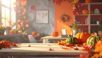 Obraz premium Cozy autumn interior with pumpkins and fall leaves.