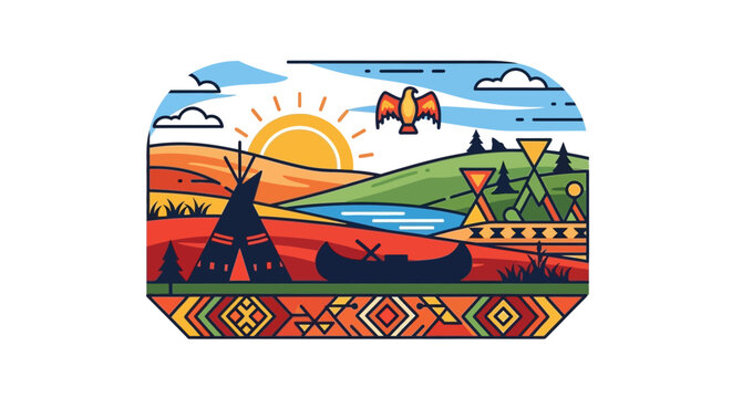 Native American landscape illustration with traditional tipis and a canoe.
