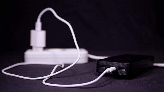 A black power bank charges via a white USB cable connected to an adapter, displaying blinking LED indicators. Concept of energy refilling, device maintenance, and modern technology power.