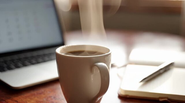 Cozy Coffee Break with Laptop and Notebook - A steaming mug of coffee sits on a wooden desk next to an open notebook with a pen and a laptop.
