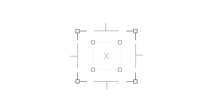 Loop in of formation of square radar display with target in sight in center on a transparent background Target searching scope and scanning radar infographics