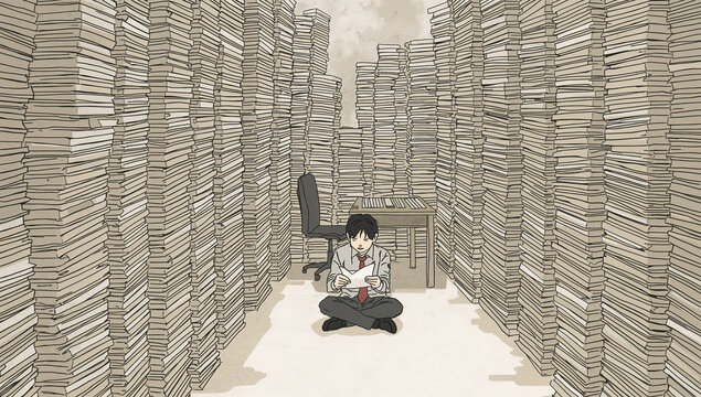 書類の山に囲まれて疲れた表情を見せる日本人会社員のイラスト