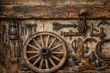 Obraz premium A rustic old wagon wheel surrounded by various tools, great for rural or country-themed projects