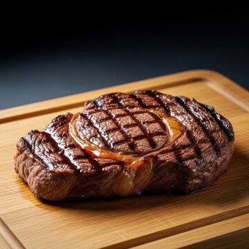 Delicious grilled ribeye steak resting on a cutting board, perfectly cooked medium-rare and glistening with rich meat juices, wholesome, cooked, sizzling