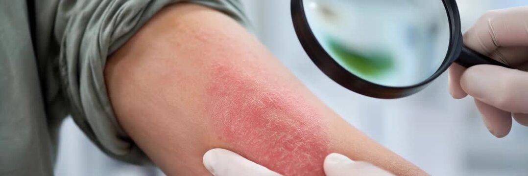 Panoramic dermatologist examining red rash on patient arm with magnifying glass, allergy, diagnosis, medical care