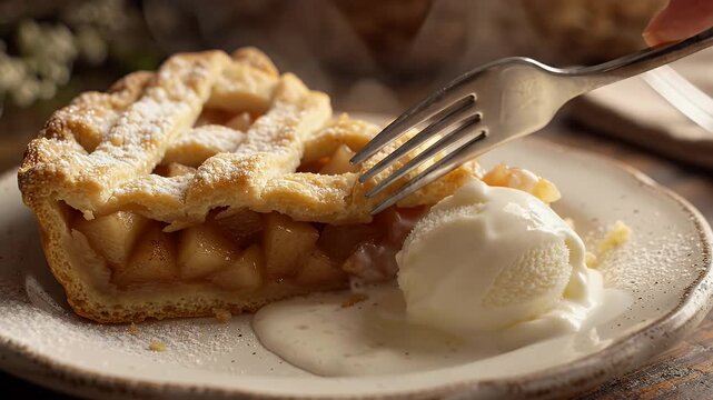 Delicious Slice of Apple Pie with Ice Cream - A warm slice of apple pie, dusted with powdered sugar, sits on a plate next to a melting scoop of vanilla ice cream.