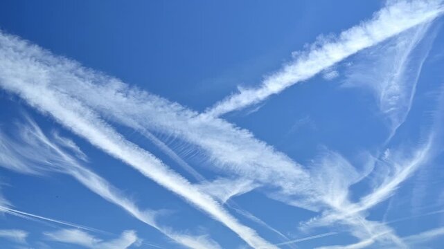 Vast blue sky filled with intricate patterns of white contrails from airplanes