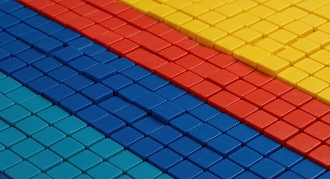 Hundreds of uniformly sized, square, interlocking plastic blocks arranged systematically into parallel bands of primary colors creating a tidy backdrop, texture, plastic, mosaic