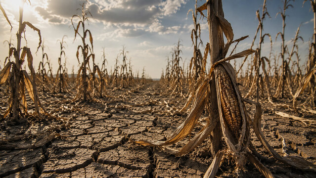 Withered corn growing in a drought stricken field with cracked dry soil under dramatic afternoon sunlight illustrating climate change