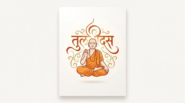 Minimal Saint Tulsidas illustration with elegant Devanagari calligraphy on a clean background for Tulsidas Jayanti cultural greeting design