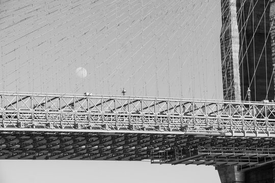 Black and white Brooklin bridge with moon. High quality photo