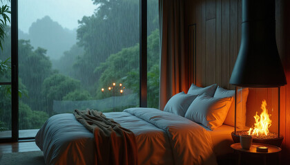Naklejka premium Cozy bedroom with bed and fireplace, viewed through window. Heavy rain falls outside, lush green forest visible. Warm light from fire contrasts with cool, wet weather.