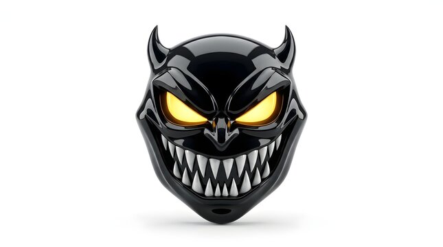 Glossy black devil mask with glowing yellow eyes isolated on white background