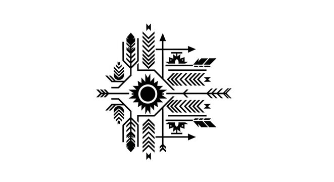 Black and white tribal sun emblem with arrows and feathers.