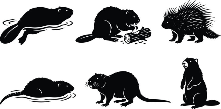 North American Rodent Silhouette Set Featuring Beaver Porcupine Muskrat Nutria and Marmot Icons for Wetland Wildlife Vector Designs