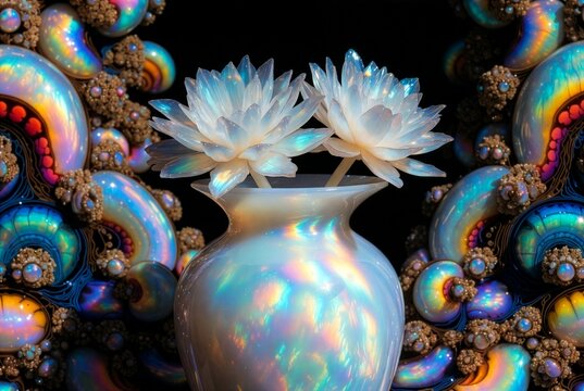 Fiori di loto astratti iridescenti in un vaso opalescente con sfondo frattale