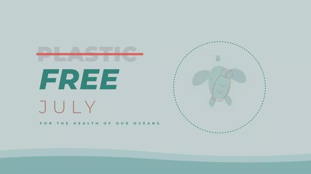 Plastic Free July ocean preservation campaign with sea turtle animation in minimalist clean design on soft teal background
