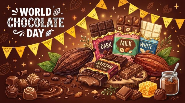 Festive world chocolate day celebration layout with cocoa pods chocolate bars and colorful party flags