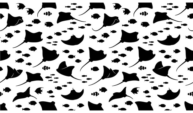 Black Stingray and Fish Seamless Pattern Vector for Kids Textile