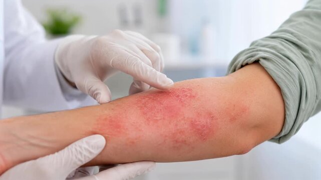 Doctor examining inflamed skin rash on patient arm in clinic, dermatology, allergy, diagnosis, medical treatment
