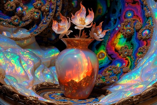 Vaso surreale luminescente con fiori di fuoco in un paesaggio frattale iridescente