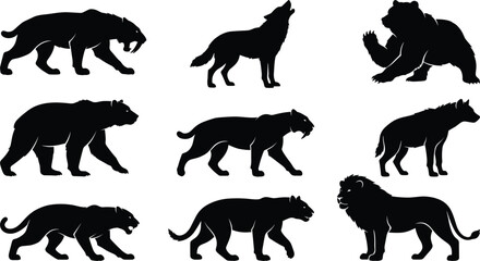 Obraz premium Prehistoric Ice Age Megafauna Predator Silhouette Set Featuring Saber Toothed Tiger Dire Wolf Cave Bear and Lion Vector Icons