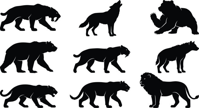 Prehistoric Ice Age Megafauna Predator Silhouette Set Featuring Saber Toothed Tiger Dire Wolf Cave Bear and Lion Vector Icons