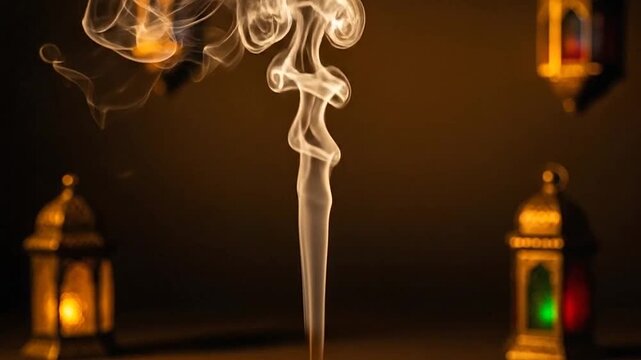 Ethereal smoke tendrils rise gracefully between ornate lanterns, casting a warm and mysterious glow