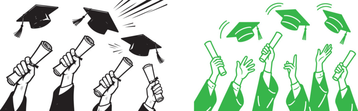 Graduation vector illustration set with hands holding diplomas and throwing mortarboard caps in black and green styles