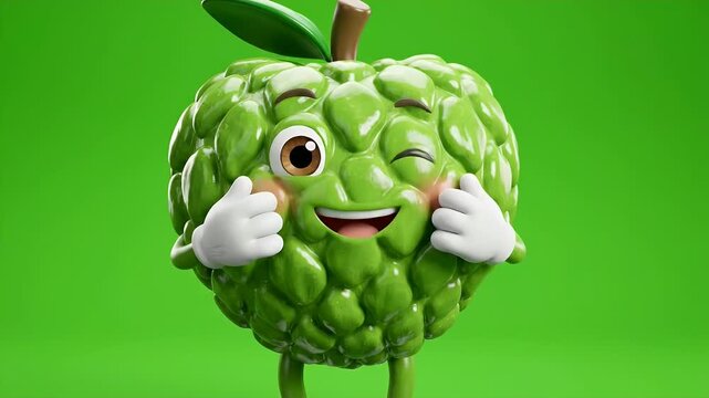 Cheerful 3D Custard Apple Character Waving Hello - A vibrant, glossy 3D custard apple character with a joyful expression is depicted on a solid green background.