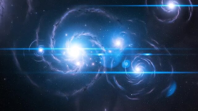 A vibrant cosmic nebula with bright spiral galaxies and glowing blue lens flares in deep space