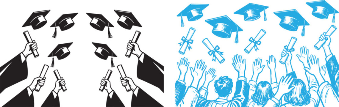 Graduation vector illustration set with hands throwing mortarboard caps and holding diplomas for university ceremony design