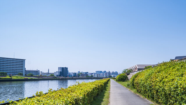 川沿いの緑豊かな遊歩道と青空の心地よい風景
